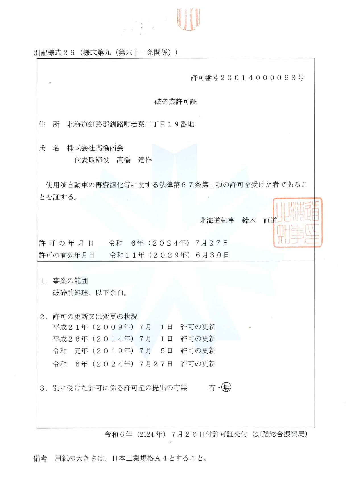 破砕業許可取得